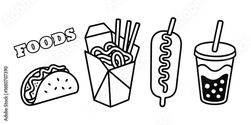 Black and White Line Art Depicting Various Fast Foods and a Drink