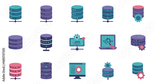 Database management system icons in flat style