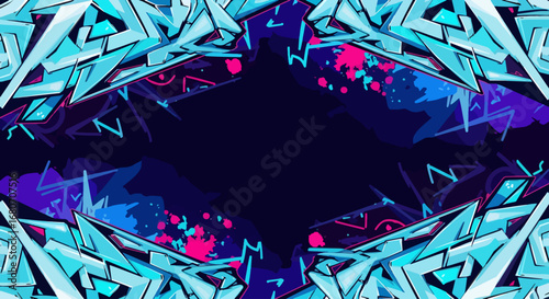 A vibrant graffiti-style frame with sharp, icy blue geometric shapes and splatters of hot pink and electric blue on a dark background, creating a dynamic, edgy border.
