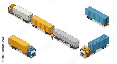 Isometric cargo truck and container arrangement in multiple colors