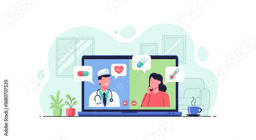 Illustration of a telemedicine consultation between a doctor and patient on a laptop screen for online healthcare