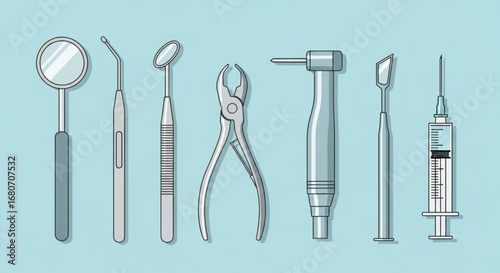 Illustration of various dental tools and equipment used by dentists for oral health care and treatment