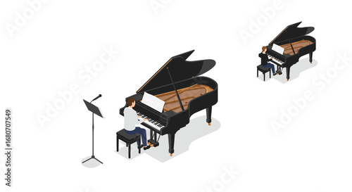 Isometric pianist playing grand piano with sheet music in minimalist setting