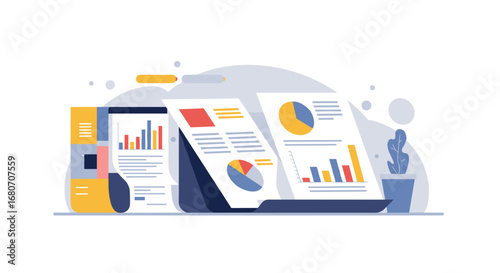 Modern flat design of data analysis with charts and graphs