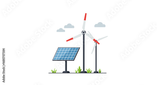Clean energy icons featuring solar panel and wind turbines