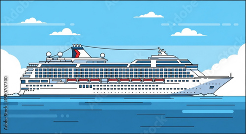 A cruise ship sailing on the sea with blue sky and clouds in the background