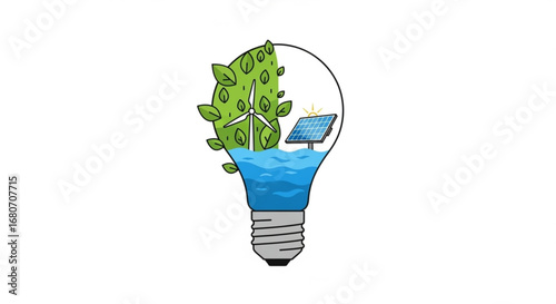 A light bulb with green energy sources inside, promoting sustainability