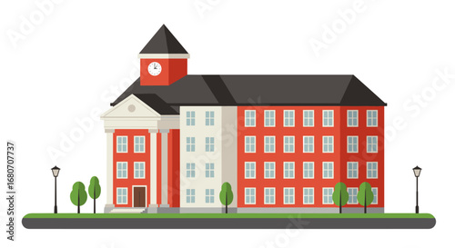 Elegant university building with clock tower and trees in flat design