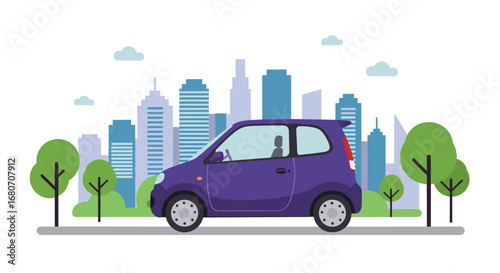 Urban cityscape with car and skyline in flat design style