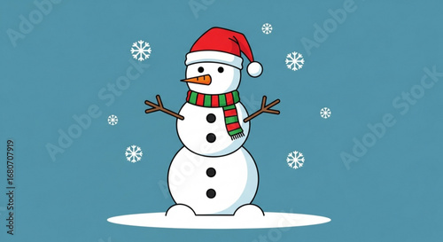 Illustration of a cute snowman with a red hat and scarf surrounded by snowflakes on a blue background