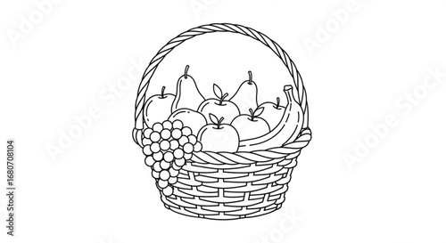 A basket full of fresh fruits including apples, pears, bananas, and grapes
