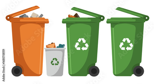 Colorful recycling bins illustration: orange, green, and white waste containers with recycle symbols