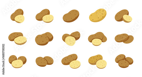 Set of cartoon potatoes with different shapes and styles on white background