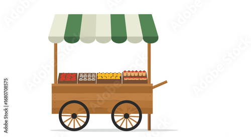 Rustic food cart with striped canopy featuring fruits and vegetables