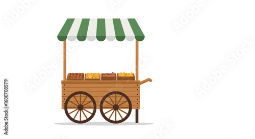 Vintage market cart with assorted produce and striped canopy on white background