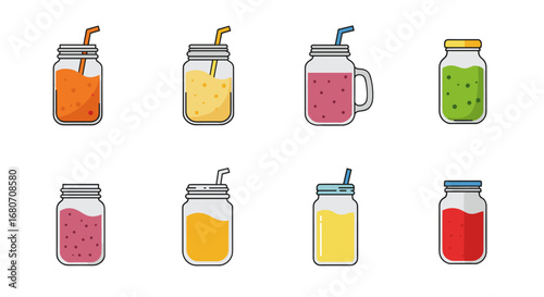 Colorful mason jar drinks collection with fruit beverages and smoothies
