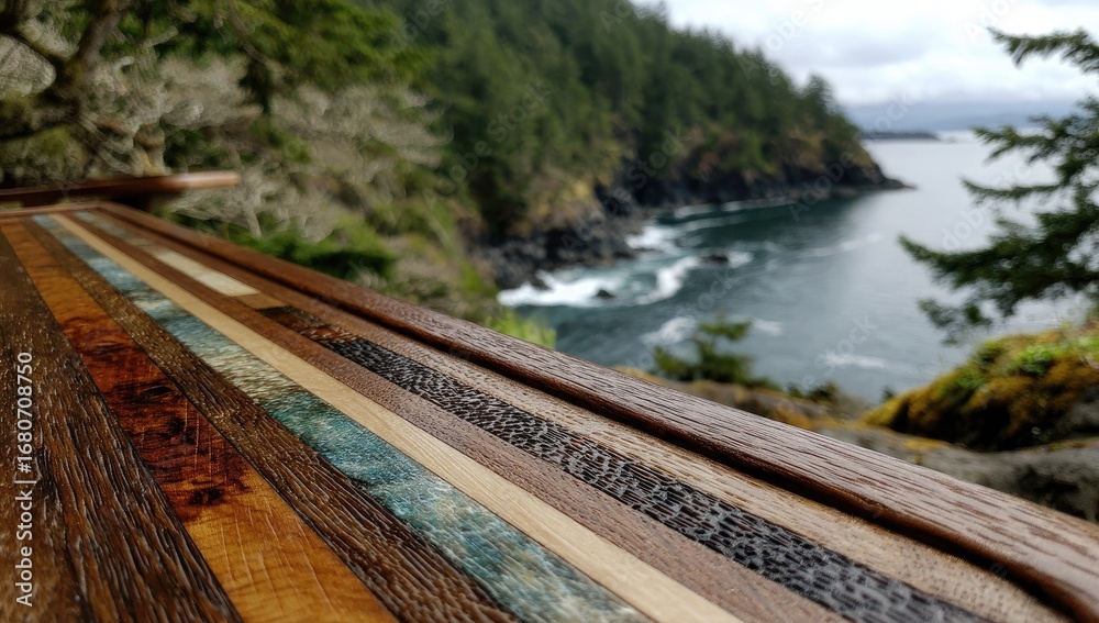 Obraz premium Coastal wood countertop, ocean view