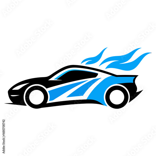 racing car body side decal with neon blue flame