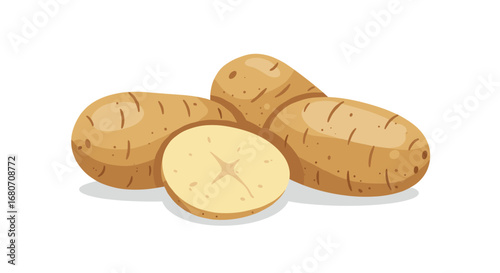 Cartoon potatoes on white background with whole and sliced pieces