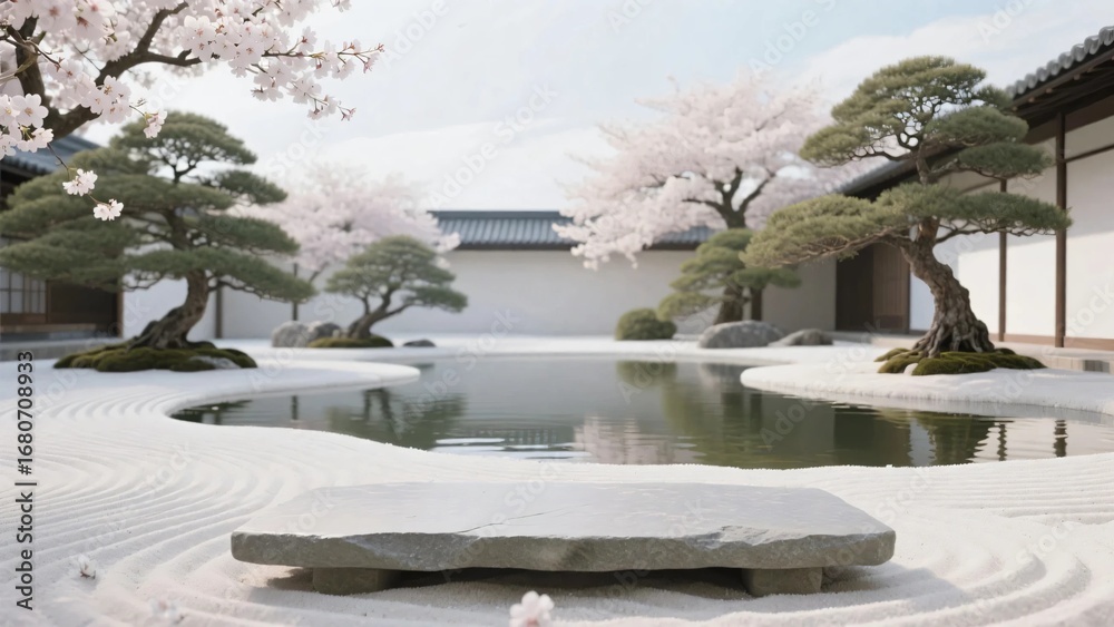 Obraz premium Traditional Japanese zen garden view with cherry blossom trees bonsai pond stone seat and raked sand artwork