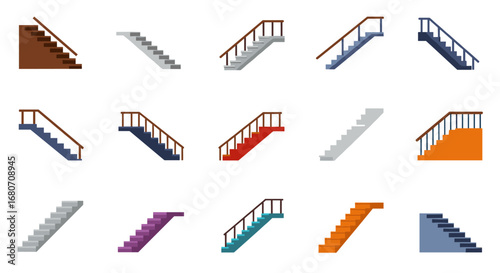 Colorful flat staircase designs with handrails on white background