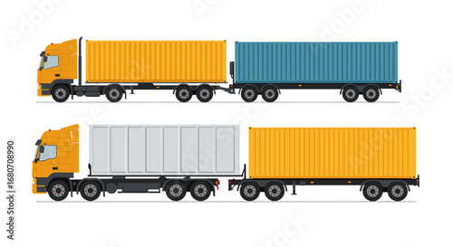 Colorful flat style cargo trucks with containers on white background