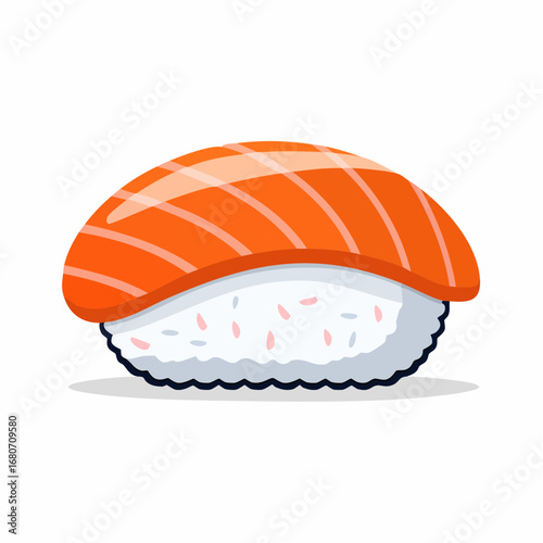 A single, vibrant piece of salmon nigiri sushi with white rice and pink specks sits ready to be eaten.