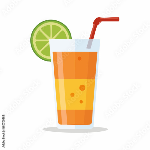 A refreshing glass of cold orange juice with a straw and a slice of fresh fruit