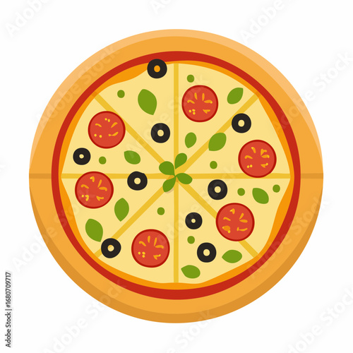Delicious pepperoni pizza with mozzarella cheese and vegetables, isolated on a white background