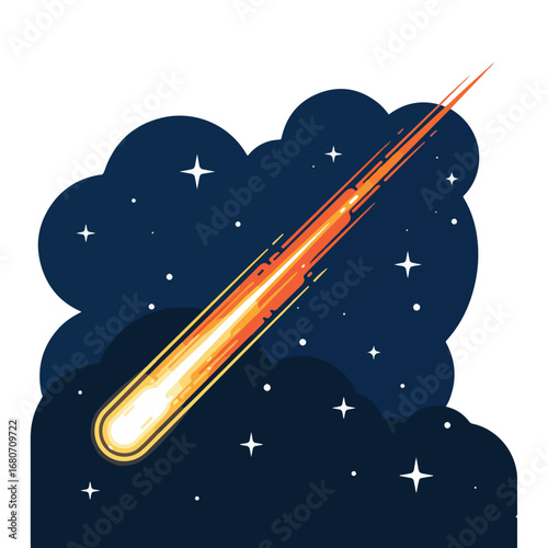 A vibrant illustration depicting a fiery comet streaking across a dark, starry night sky.