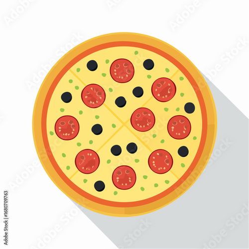 Tasty Italian pizza vector illustration with cheese, pepperoni, and fresh vegetables on a white background