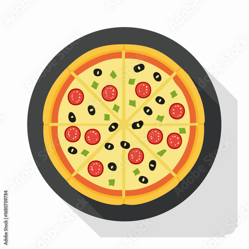 Italian hot pepperoni pizza vector illustration with cheese, tomato, and mozzarella for a delicious fast food dinner