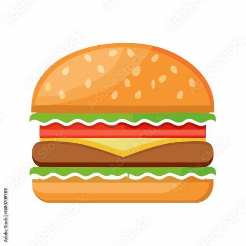 A classic cheeseburger with beef, lettuce, tomato, and onion on a sesame bun, isolated on a white background