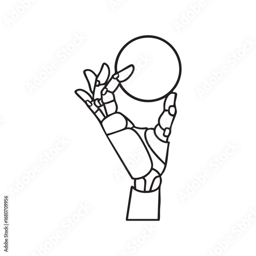 Robotic Hand Gently Holding a Smooth Sphere: Minimalist Line Art, Futuristic Technology Concept.