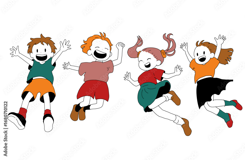 Fototapeta premium Hand-drawn Vector Illustration of Happy Jumping Kids – Flat Style