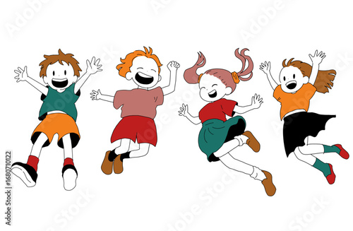 Hand-drawn Vector Illustration of Happy Jumping Kids – Flat Style