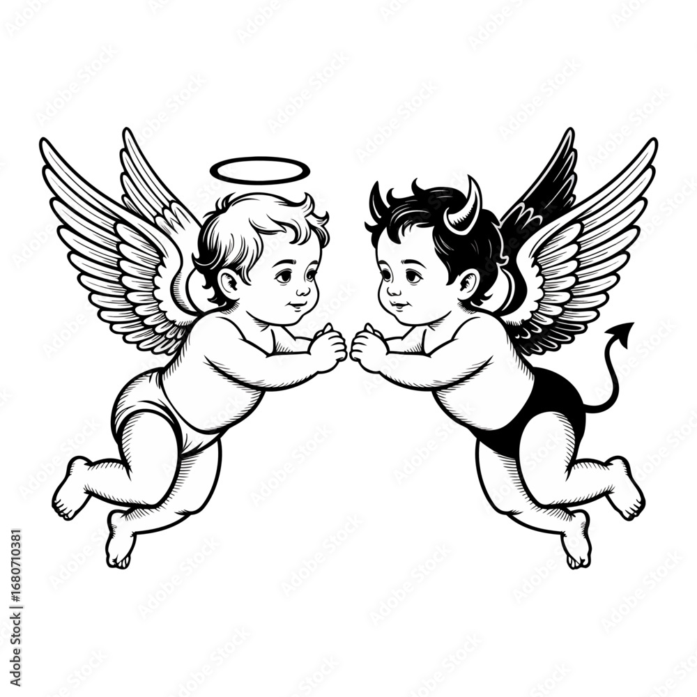 Naklejka premium a baby angel and baby devil flying, toward eachother in Baroque style, in the style of old print monochrome illustration in the style of english major circa 15th century