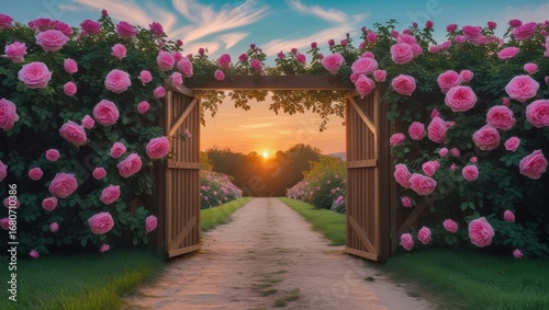 A pathway through a wooden gate adorned with vibrant pink roses leads to a picturesque sunset over a garden.