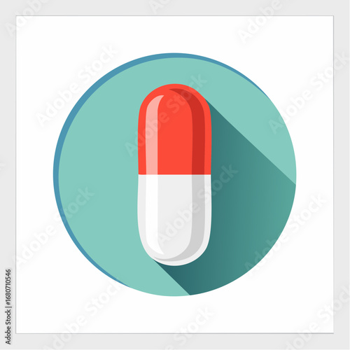 A vibrant red medical pill and white capsules are isolated against a clean background, symbolizing pharmaceutical health