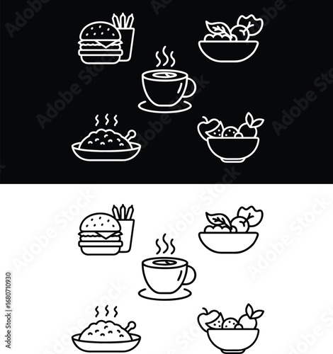 Simple line art icons of popular food and drinks
