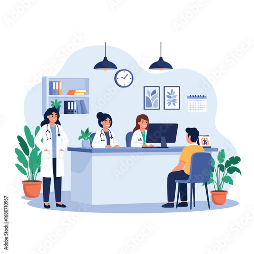 Confident medical team consulting with patient in modern clinic reception area