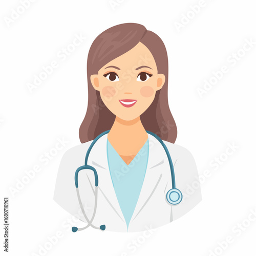 A smiling young female doctor with a stethoscope and professional medical uniform