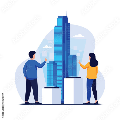 Professionals analyze modern skyscraper development project with data visualization in bright urban setting