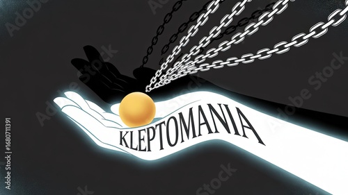 Kleptomania: A conceptual illustration of a hand with the word Kleptomania boldly inscribed, cradling a golden object while chains symbolize the restraints.