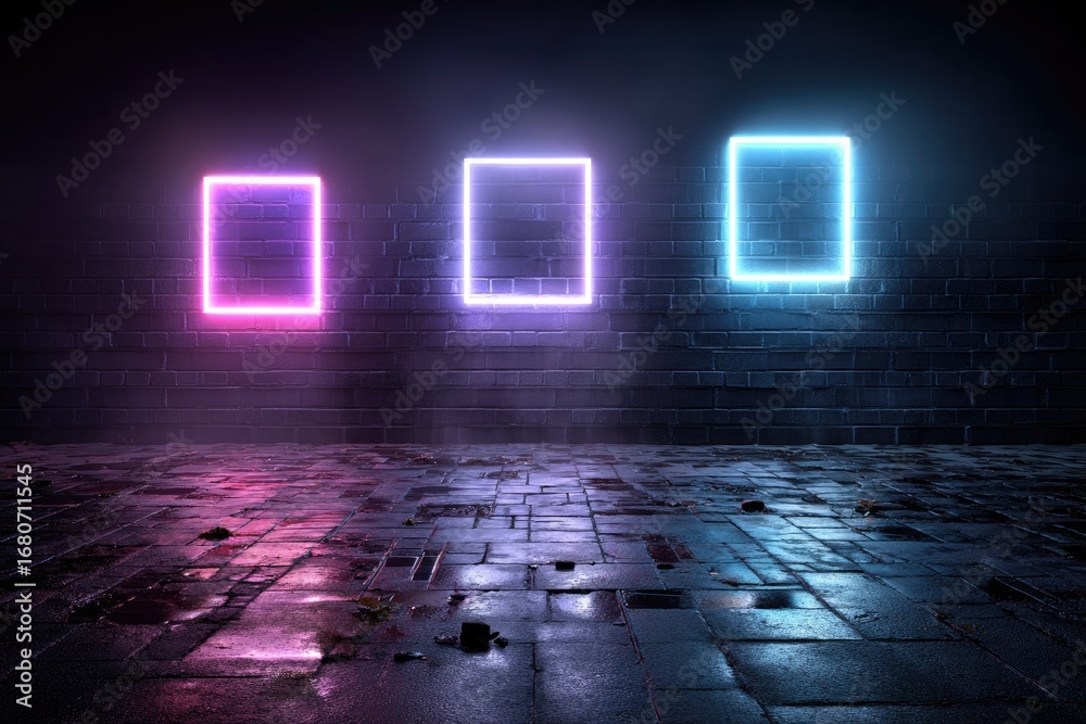 Naklejka premium Neon rectangles on dark brick wall