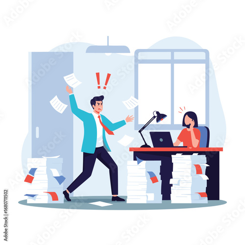 Frustrated businessman overwhelmed by chaotic office workload while colleague calmly works