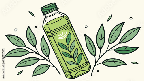 Refreshing Green Drink Bottle with Fresh Botanical Leaves. Healthy Detox Beverage in Illustrative, Hand-Drawn Style with Natural Organic Elements a...