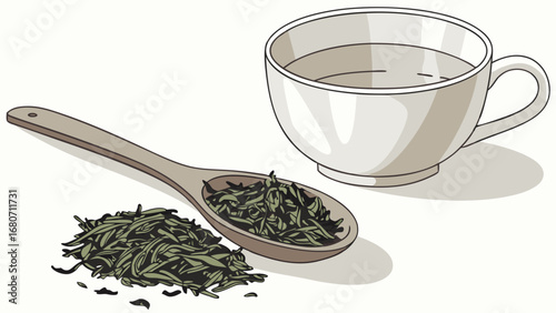 Green Tea Leaves on Wooden Spoon and Hot Water Cup. Herbal Beverage Preparation in Clean Vector Illustration Style on White Background