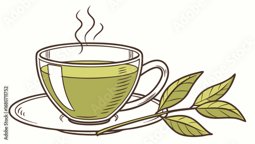 Invigorating Hot Green Tea in Clear Glass Cup with Fresh Leaves, Healthy Drink Illustration for Wellness