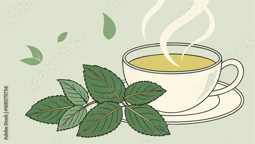 Steaming Cup of Herbal Green Tea with Fresh Mint Leaves Illustration, Promoting Health, Wellness, and Natural Refreshment